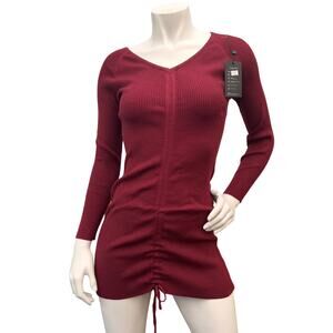Women Sexy VNeck Ribbed Knit LongSleeves Drawstring Ruched Bodycon SweaterDress